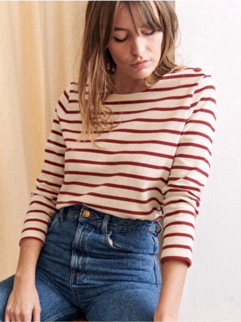 Sezane Cream and Red Striped Long Sleeve Tee